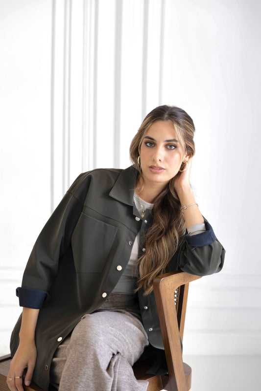 Dark Olive-Leather Overshirt