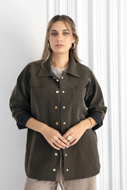 Dark Olive-Leather Overshirt